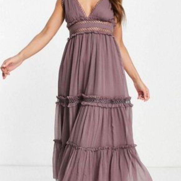 ASOS DESIGN lace insert midi dress with ruffle detail in mauve - Picture 2 of 7